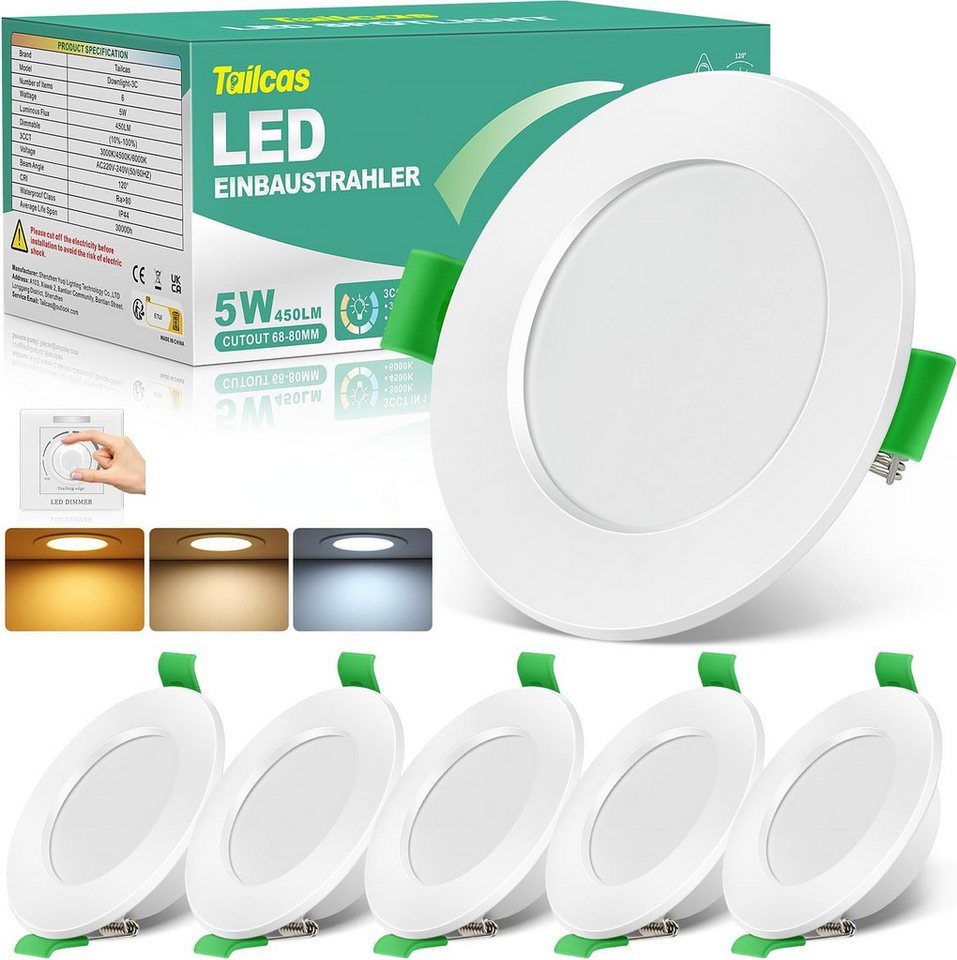 LA CUTE LED Einbaustrahler LED Einbaustrahler dimmbar 5W extra flach IP44 mit 3 Farbtemperaturen, Fest verbautes LED-Modul, 5 Watt, 450 Lumen., Warmweiß (3000K), Neutralweiß (4500K), Kaltweiß (6000K) – wählbar., Drei Farbtemperaturen (3000K, 4500K, 6000K), dimmbar von LA CUTE