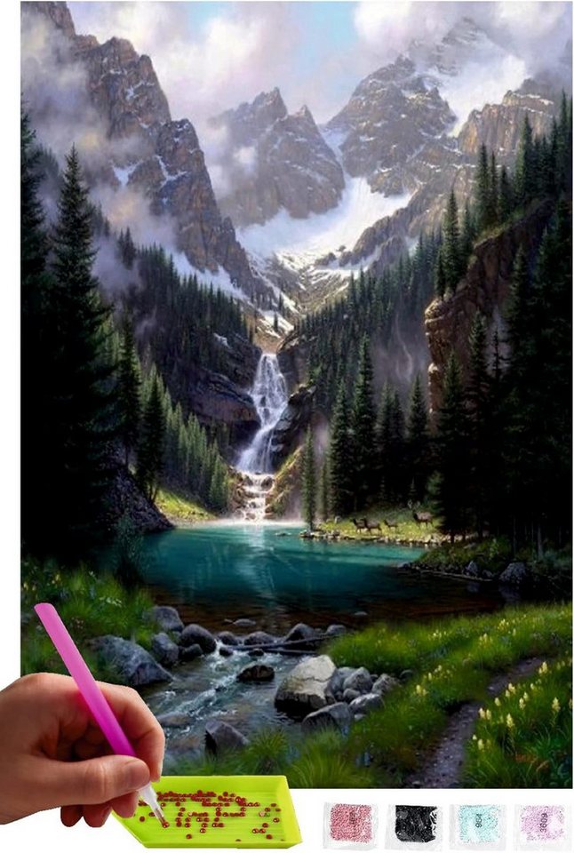 LA CUTE Malen nach Zahlen Diamond Painting Alpen Berge Wasserfall: Kreatives Malen, 30x40cm (5d Diamond Painting Set Berg Alpen, Kreative Kunst Hobby Entspannung), Kreatives Hobby, entspannend, fördert Kreativität und Geduld. von LA CUTE