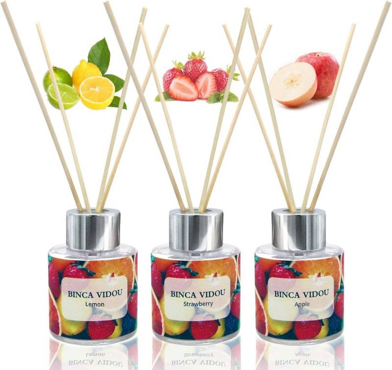 LA CUTE Raumduft Langer Raumduft Set, 3x50ml Diffuser Apfel, Erdbeere, Zitrone. (Duftstäbchen-Set mit 3 Flakons und 18 Rattanstäbchen, fruchtige Aromen., 3x 50ml Duftflakons mit 18 Rattanstäbchen, fruchtige Aromen), Fruchtige Raumdüfte Apfel, Erdbeere, Zitrone, langanhaltend 50 Tage. von LA CUTE