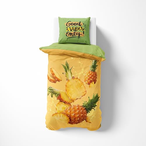 LA DOLCE CASA | Bettwäsche-Set für Einzelbett mit Digitaldruck, 100 % Baumwolle, Set mit Bettbezug 200 x 150 cm und Kissenbezug 52 x 82 cm, Linie Mr. Cotton, Ananas-Druck von LA DOLCE CASA