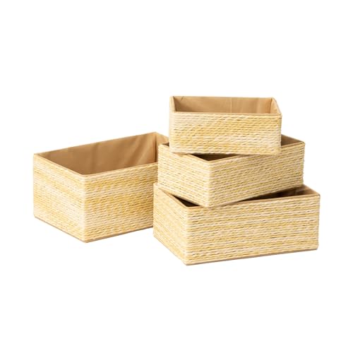 La Jolíe Muse Stapelbarer gewebter Korb Papierseilbehälter, Aufbewahrungsboxen für Makeup, Schrank, Badezimmer, Schlafzimmer, Beige Izar-Ebony Yellow White Paper Rope Rectangle Baskets S Set 4 von La Jolíe Muse