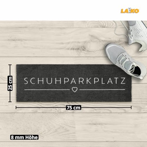 LA KO Waschbare Fußmatte 25 x 75 cm - hochwertig Bedruckte Fußmatte aus Deutschland - Türmatten mit modernem Design (anthrazit_Schuhparkplatz) von LA KO