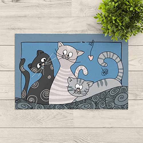 LA KO Waschbare Fußmatte 50x75cm - Designed by Maleola - hochwertig Bedruckte Fußmatte aus Deutschland (3 Katzen grau schwarz) von LA KO