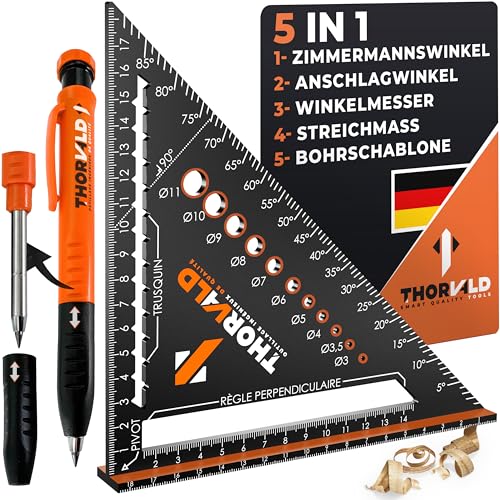 5-in-1 Zimmermannswinkel Winkelmesser Anschlagwinkel - Inkl. Tieflochmarker - Aluminiumwinkel mit 180 mm Schenkellänge zum präzisen Anreißen & Zeichnen/Multifunktional Weihnachtsgeschenke für männer von THORVALD