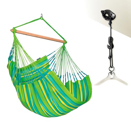 LA SIESTA® Domingo – Hängematte Komfort für den Winter, Funktionsfaser, kolumbianische Herstellung, große Oberfläche, Stabilisator Bambus, Entspannung im Freien – Limette, Kingsize mit Befestigung von La Siesta