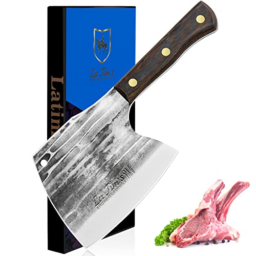 LA TIM'S Hackmesser, 0,85KG schweres Hackbeil, handgeschmiedetem Kohlenstoffstahl Fleischbeil, Fleischermesser zum Hacken von Knochen, Massivholzgriff von LA TIM'S