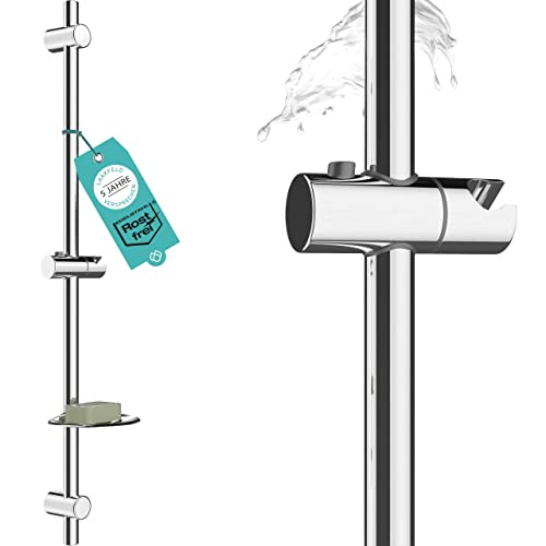 Duschstange 90cm rostfrei mit Seifenhalter - Brausestange 90 cm variable Bohrlöcher dank flexibler Wandhalterungen - universal Dusch Stange lang mit top Slider - Wandstange Dusche variabel von LAAKFELD