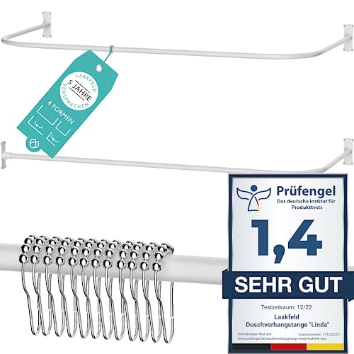 Duschvorhangstange L Form & Duschstange U Form 4 in 1 System inkl. 12 Ringe - Stabile Winkelstange Duschvorhang ohne Deckenhalterung - Duschstange Ecke Rostfrei - Duschvorhangstange Badewanne & Dusche von LAAKFELD