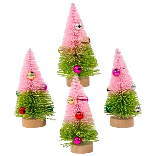 4 Stück Mini Weihnachtsbäume, künstliche Flasche Pinsel Weihnachtsbäume kleine Tannenbaum mit hölzernen Basen Dekorationen für Xmas Urlaub Party Home Zimmer Tischdekoration, Rosa von LAANCOO
