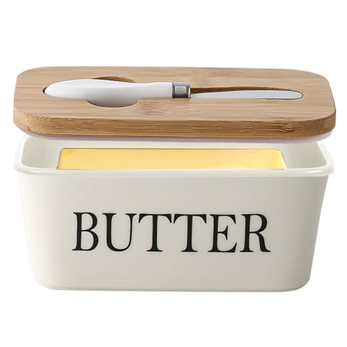 Butterschale mit Deckel und Schneider, 650 ml Porzellan Butterbehälter Keramik Butterbehälter großer Butterhalter luftdichter Butterhalter für Arbeitsplatten Kühlschrank, Weiß von LAANCOO