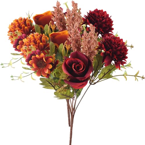 LAANCOO 2Pcs künstliche Blumen, 7 Zweig 10 Köpfe Herbst gefälschte Blumen Rosen Chrysanthemen Blumenstrauß lebensechte Blumen für Hochzeit Halloween Thanksgiving Dekoration von LAANCOO