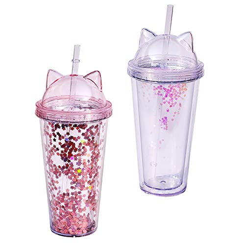 LAANCOO 2Stück Wasserflaschen für Mädchen, Double Layer Glitter Wasserflasche mit Strohhalm, niedliche Wasserflasche mit Katzenohr Deckel Outdoor Wasserflaschen Trinkbecher (rosa und klar) von LAANCOO