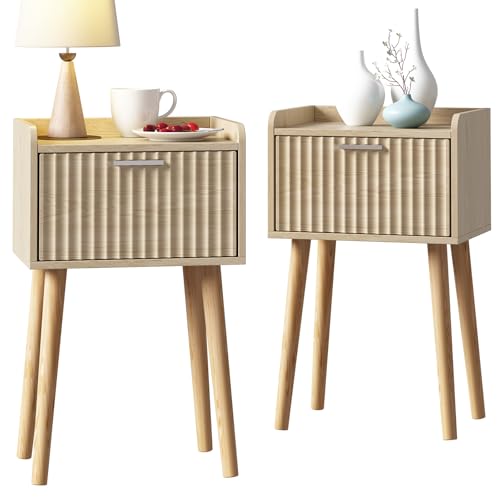 LAATOOREE Nachttisch 2er Set, Kleiner Bett-Beistelltisch mit geriffelter Tür, Beistelltisch mit Massivholzbeinen, Mid-Century Nachttisch für Schlafzimmer, kleiner Raum von LAATOOREE