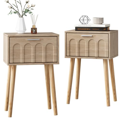 LAATOOREE Nachttisch 2er-Set, kleiner Bett-Beistelltisch mit Bogentür, Mid-Century Beistelltisch mit Holzbeinen für Schlafzimmer, kleiner Raum (Natur) von LAATOOREE