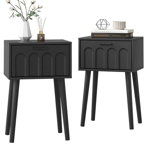 LAATOOREE Nachttisch 2er-Set, kleiner Bett-Beistelltisch mit Bogentür, Mid-Century Beistelltisch mit Holzbeinen für Schlafzimmer, kleiner Raum (Schwarz) von LAATOOREE