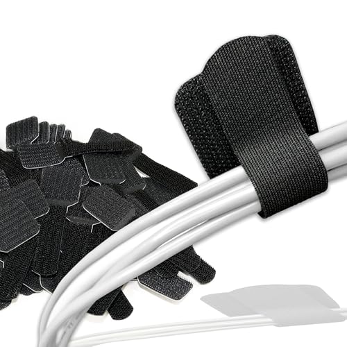 LABEL THE CABLE® 50 STK Klett Kabelhalter Schwarz selbstklebend, wiederverschließbar, Kabelführung Fernseher, Schreibtisch, Kabelschellen, Klettband, perfektes Kabelmanagement im Büro, PC Zubehör von LABEL THE CABLE