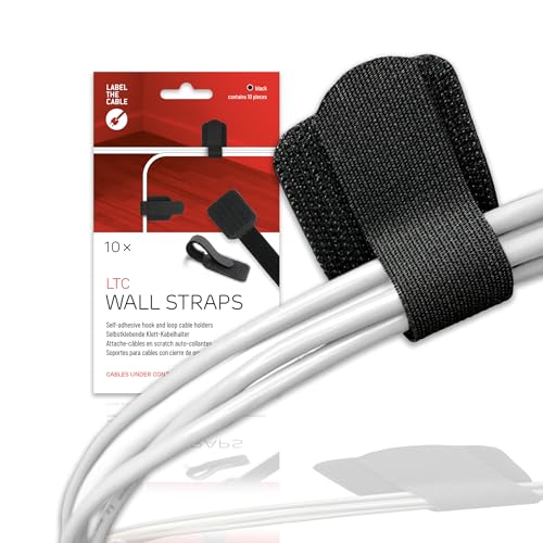 LABEL THE CABLE® 10 STK Klett Kabelhalter Schwarz selbstklebend, wiederverschließbar, Kabelführung Fernseher, Schreibtisch, Kabelschellen, Klettband, perfektes Kabelmanagement im Büro, PC Zubehör von LABEL THE CABLE