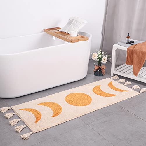 Boho Badezimmerteppich Läufer Mondphasen Badematte mit Quasten,Halbmond Böhmische Teppiche für Badezimmer, Schlafzimmer, juckende Dekor,Boho Area Rug Beige Neutral Creamy Orange 20x50 von LABEND HOME