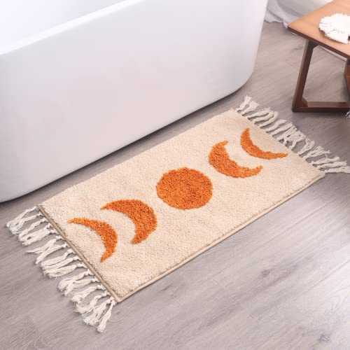 LABEND HOME Boho Badematte Mondphasen Badezimmerteppich mit Quasten – Halbmond Böhmische Teppiche für Badezimmer Schlafzimmer Mondteppich College Wohnheim Zimmer Dekor Boho Area Teppich Beige Neutral von LABEND HOME