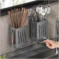 Utensilienhalter, Essstäbchenhalter mit Abtropfschale, Organizer für Löffel/Essstäbchen zur Arbeitsplatten-/Wandmontage, Behälter mit Haken, Grau Utensilienhalter, Essstäbchenhalter mit Abtropfschale, Organizer für Löffel/Essstäbchen zur Arbeitsplatten-/Wandmontage, Behälter mit Haken, Grau von LABLANC