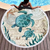 Strandtuchdecke aus schnell trocknender, sandfreier Mikrofaser, große runde Tischdecke, Yoga-Picknickmatte 150 cm mit Fransen, Schildkrötenblau von LABLANC