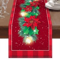 Weihnachtstischläufer 183 x 33 cm, roter Leinentischläufer mit roten Blumen, grünen Blättern und Schneeflockenmustern, ideal für festliche von LABLANC