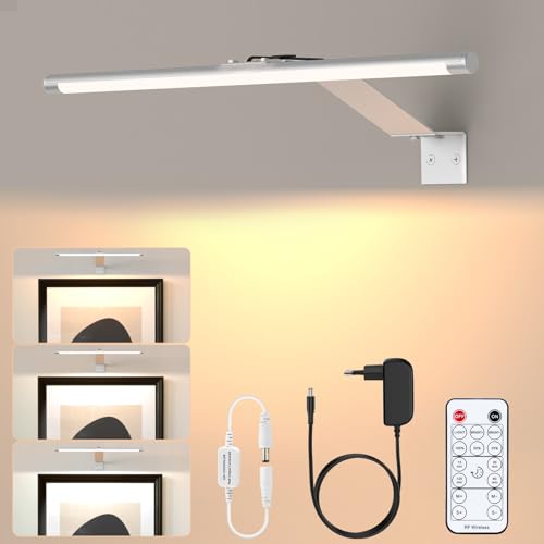 LABOREDUCER LED Bilderleuchte Silber mit Kabel Plug in Fernbedienung Dimmbar 3000K Warmweiß,Timer Drehbare Moderne Innen LED Aluminium 32cm Dimmbare Bildbeleuchtung fur Dart Beleuchtung Wandleuchte von LABOREDUCER