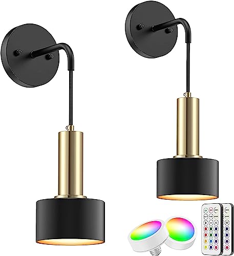 LABOREDUCER LED Wandleuchte Innen 2 Stück Schwarz mit Fernbedienung,Batteriebetriebene RGB Kabellose Wandlampe Wandleuchte Akku Modern Wandleuchte Wandbeleuchtung für Wohnzimmer Schlafzimmer von LABOREDUCER