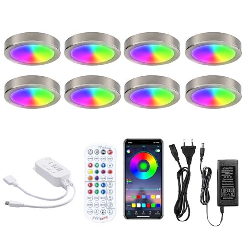 LABOREDUCER RGB Unterbauleuchte Küche LED 8 Stück Farbwechsel Schrankbeleuchtung 230V mit Kabel,Fernbedienung und App Dimmbare Vitrinenbeleuchtung für Vitrine,Schrank,Regale,Werkbank von LABOREDUCER