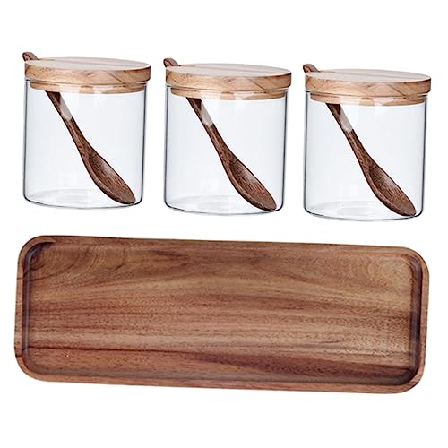 LABRIMP 3er-set Salzbehälter Mit Holzdeckel Und Löffelablage Küchengewürzglas-set Gewürzglas-set Aus Glas von LABRIMP