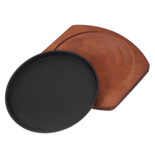 LABRIMP 1 Set Gusseisenpfanne, Fajita-Platte, Brutzelpfanne mit Holzsockel, runde Steak-Grillplatte, antihaftbeschichtete Grillpfanne, Serviertablett für das Barbecue im Restaurant zu Hause von LABRIMP