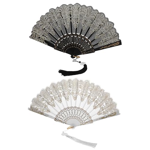 LABRIMP 2 Stück Chinesische Faltfächer Besticktem Blumenmuster Vintage Handfächer mit Goldverziertem Design und Dekorativem Quastenanhänger für Tanz Aufführung und Sommergebrauch von LABRIMP