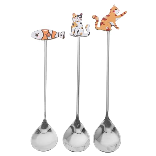 LABRIMP 3 Stück Edelstahl Kaffeelöffel Set mit Katzen Fischdesign Vielseitige Espressolöffel für Tee Dessert und Honig Langlebige Formstabile Küchenaccessoires von LABRIMP