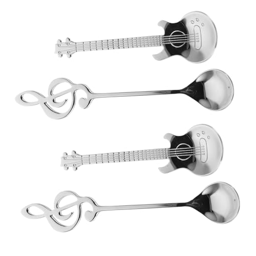 LABRIMP 4 Stück Musik aus rostfreiem Stahl Gitarrendessertlöffel Teelöffel mischen Musiknote Kaffeelöffel Musiklöffel Music Note Jam Spoon kreative süße Löffel Edelstahl 304 Silber von LABRIMP