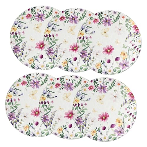 LABRIMP 6 Stück Teiliges Runder Blumen Mahlzeit Platzdeckchen aus Leinen Waschbare Tischuntersetzer für Esszimmertische für Frühlingshafte Anlässe und Feierlichkeiten von LABRIMP