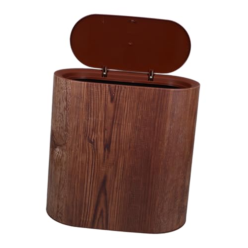 LABRIMP Abfalleimer mit Deckel Holzmaserung Kunststoff Müllbehälter Schmaler Stabiler Abfallbehälter für Bad Küche Büro Eleganter Platzsparender Abfallkorb im Retro-stil von LABRIMP