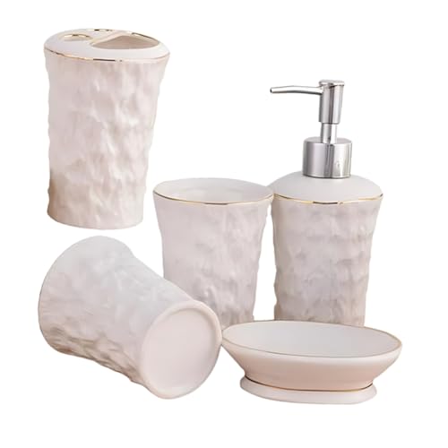 LABRIMP Badezimmer Accessoires Set Teilig Keramik mit Seifenspender Seifenschale Zahnputzbecher und Zahnbürstenhalter Edles Design mit Baumrindenstruktur und Goldfarbenem Rand für von LABRIMP