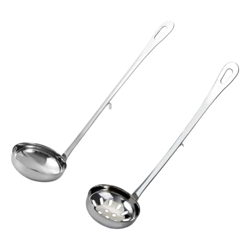 LABRIMP Edelstahl Suppenkelle mit Sieb Teiliges für Hotpot Hitzebeständig mit Haken zum Aufhängen Feine zum Abseihen von Öl und Brühe Robuste Küchenutensilien für Suppen und Eintöpfe von LABRIMP
