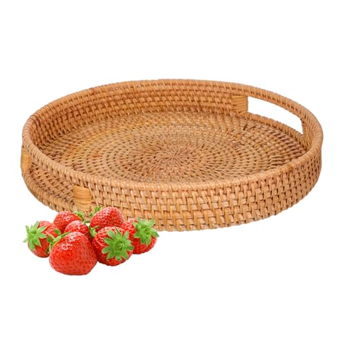LABRIMP Rundes Rattan Tablett Handgewebtes Serviertablett mit Hohlgriffen Natürlicher Korb für Obst und Dekoration Robustes Vielseitiges Aufbewahrungstablett für Wohn und Esszimmer LABRIMP Rundes Rattan Tablett Handgewebtes Serviertablett mit Hohlgriffen Natürlicher Korb für Obst und Dekoration Robustes Vielseitiges Aufbewahrungstablett für Wohn und Esszimmer von LABRIMP