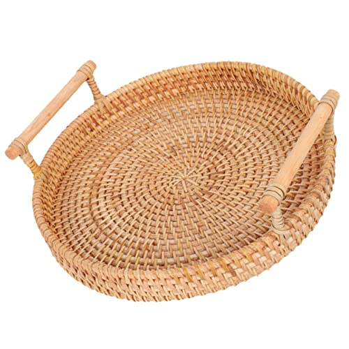 LABRIMP Rundes Rattan Serviertablett mit Griffen Gewebtes Tablett für Obst Snacks Getränke Dekoratives Tablett für Couchtisch und Küche Boho-stil Handgefertigt Vielseitig Einsetzbar von LABRIMP