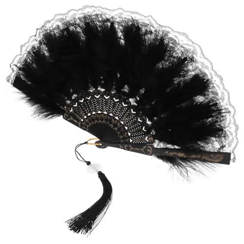 LABRIMP Spitzenfederlüfter Uv Braut-fan Vintage-handventilator Handheld-fächerfalten Handfächer Für Damen, Faltbar Jahrgang Brautjungfern-fan Handventilator Für Frauen Schwarz Echte Feder von LABRIMP