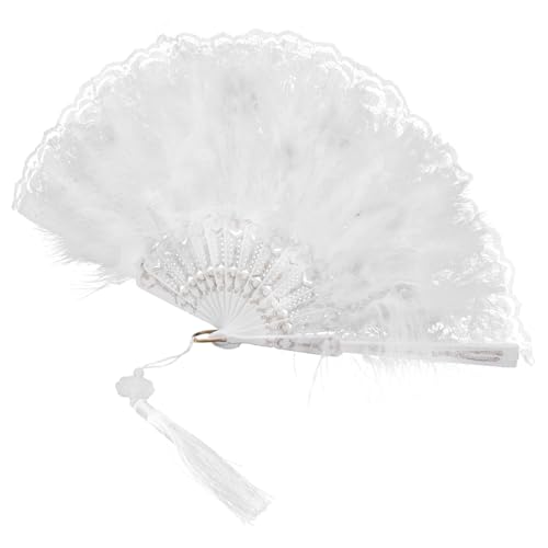 LABRIMP Vintage Spitzenfächer Damen Faltbarer Handfächer mit Federn und Quaste Leichter Tragbarer Brautfächer für Cosplay Hochzeit Party und Performance von LABRIMP