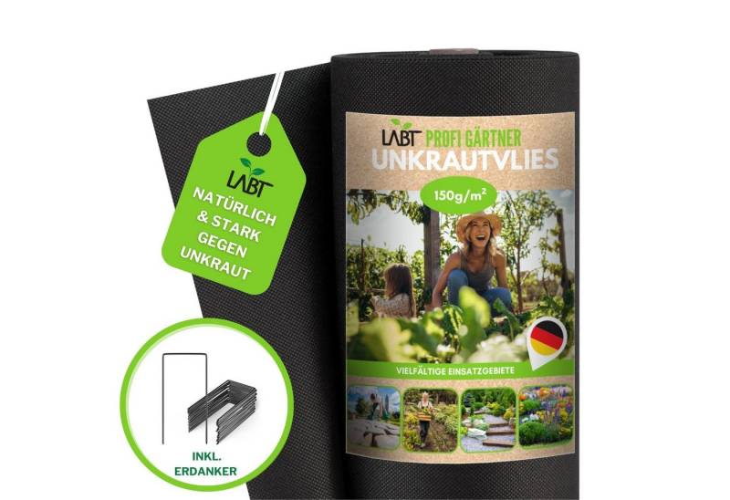 LABT Unkrautvlies Unkrautvlies LABT® Gartenvlies 1m x 30m mit Erdankern 150g/m² stark von LABT