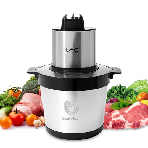 Elektrischer Fleischwolf mit großer Kapazität, Gemüsezerkleinerer mit Edelstahlschüssel, 3 Geschwindigkeiten, 4 zweistufige Klingen und Spatel für Fleisch, Zwiebel, Gemüse, Obst (8 l, schwarz) von LAC LAICHY