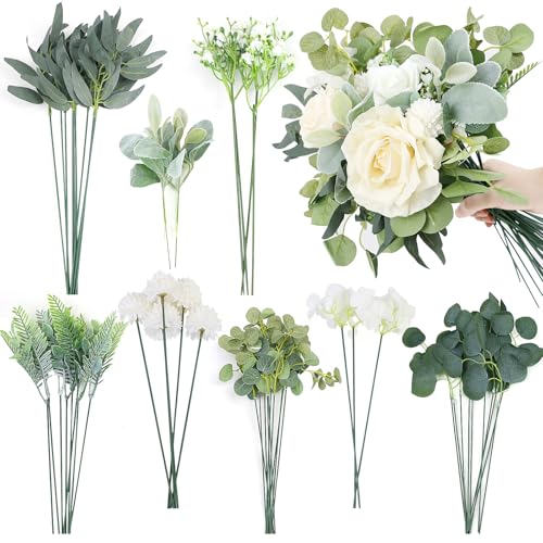 LACGO Künstliche Blätter, Kunststoffblätter mit Stielen für Blumenstrauß, Arrangement, Hochzeit, Garten, Party, Dekoration, 8 Arten künstliche Pflanzenblätter, 52 Stück LACGO Künstliche Blätter, Kunststoffblätter mit Stielen für Blumenstrauß, Arrangement, Hochzeit, Garten, Party, Dekoration, 8 Arten künstliche Pflanzenblätter, 52 Stück von LACGO