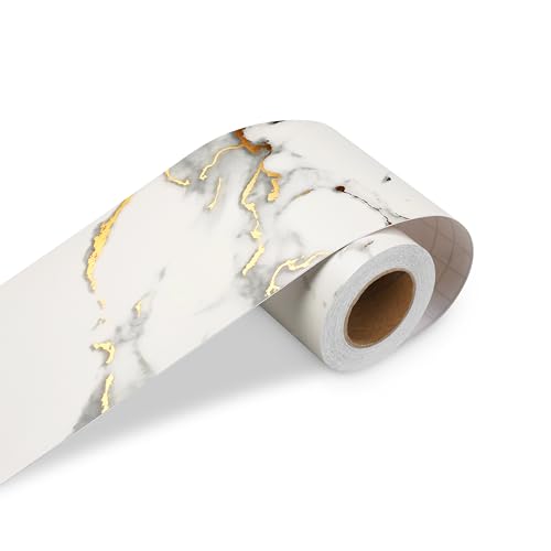 LACHEERY Bordüre Selbstklebend Gold Marmor Tapetenbordüre Weiß Marmoroptik 7.6cm x 500cm Wandbordüre Selbstklebende Fensterbank Folie Marmor Wasserdicht Folie Möbel Weiß Bordüre Für Wande von LACHEERY