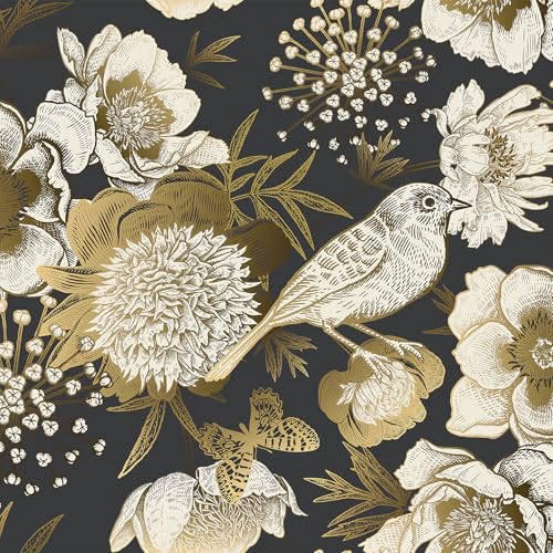 LACHEERY Selbstklebende Tapete Blumen Gold Gemälde Wandtapete Selbstklebend Vintage Wand 44.5cm x 200cm Tapete Floral Vogel Gold Schwarz Vinyltapete Wasserdicht Tapeten Schlafzimmer für Möbel Küche von LACHEERY