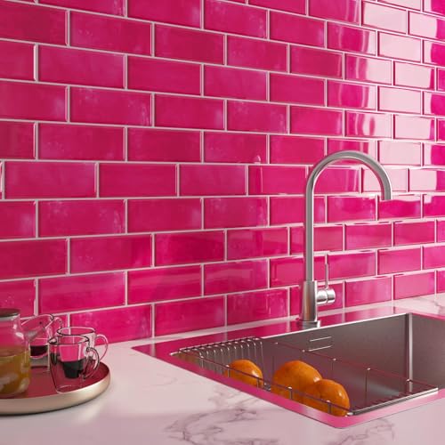 LaCheery Klebefliesen Küche Rosa Dunkel Fliesenaufkleber 3D Bad 18 Stück 30.5cm x 30.5cm Rosa Wandfliesen Selbstklebend Küchenfliesen Aufkleber Vinyl Fliesenfolie Bad für Badezimmer Fensterbank von LACHEERY