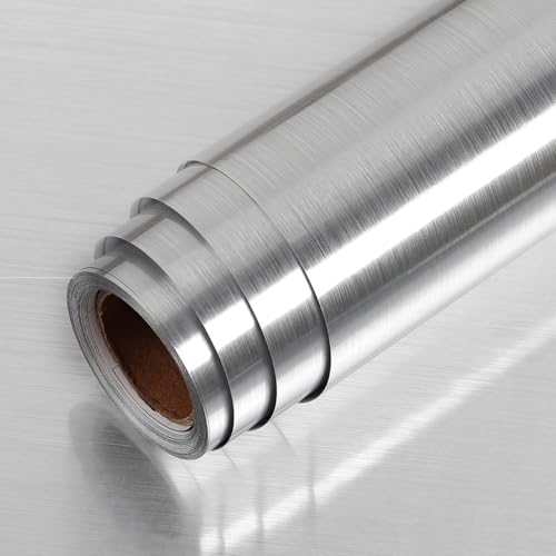 LaCheery Möbelfolie Küche Silber Klebefolie Metallic Selbstklebende Folie Küche 40cm x 200cm Kühlschrank Schränke Spritzschutz Dekorfolie Küchenfolie Edelstahl Gebürstet Wand Tapeten von LACHEERY