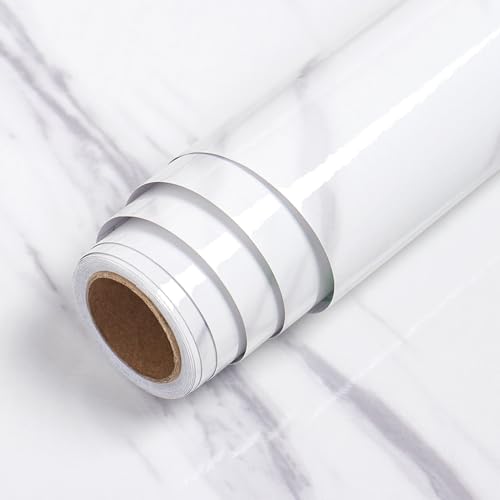 LaCheery Möbelfolie Weiß Hochglanz Küche Klebefolie Möbel Marmor Grau 60cm x 400cm Folie Für Küchenschränke Weiß Vinyl Wasserdicht Arbeitsplatte Küche Folieren für Schränk Tische Fensterbank von LACHEERY